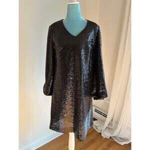Black Sequin Long Sleeve Shift Dress Mini Party Glam Liquid Shine Minimalist